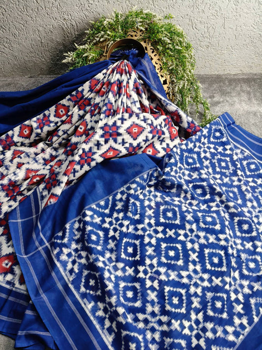 BLUE COTTON PURE HANDLOOM DOUBLE IKKAT SAREE