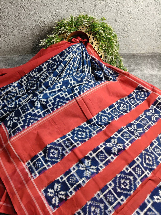 INK BLUE COTTON PURE HANDLOOM DOUBLE IKKAT SAREE