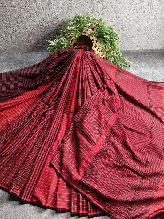 RED PURE HANDLOOM COTTON CHECKS SAREE
