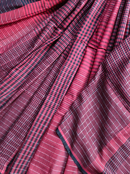 RED PURE HANDLOOM COTTON CHECKS SAREE