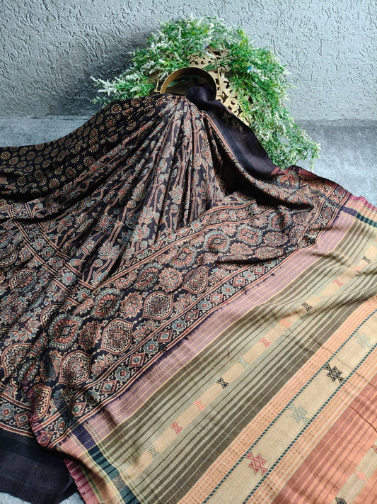BLACK TASSAR PURE HANDLOOM BHUJODI SAREE