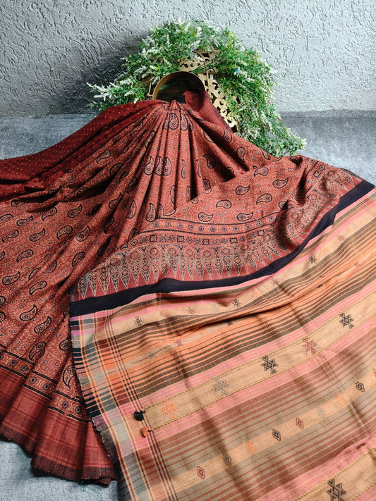 RUST TASSAR PURE HANDLOOM BHUJODI SAREE
