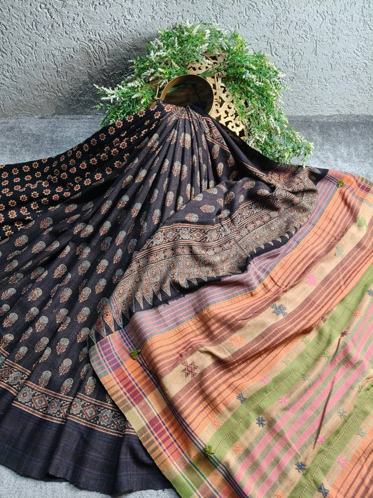 BLACK TASSAR PURE HANDLOOM BHUJODI SAREE