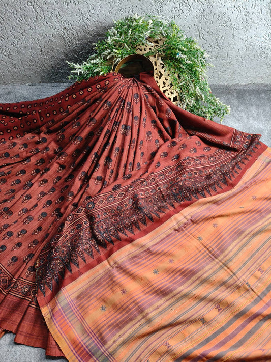 RUST TASSAR PURE HANDLOOM BHUJODI SAREE