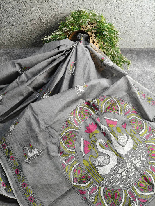 GREY DHANIAKHALI COTTON PURE HANDLOOM KANTHA EMBROIDERY SAREE