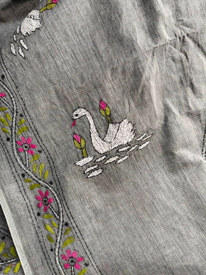 GREY DHANIAKHALI COTTON PURE HANDLOOM KANTHA EMBROIDERY SAREE