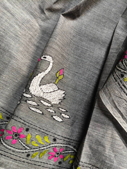 GREY DHANIAKHALI COTTON PURE HANDLOOM KANTHA EMBROIDERY SAREE