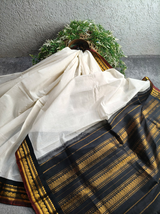 WHITE COTTON PURE HANDLOOM GADWAL SAREE