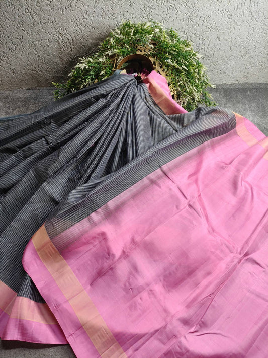 GREY COTTON PURE HANDLOOM GADWAL SAREE