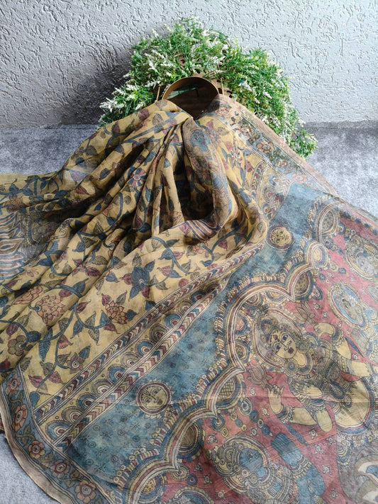 YELLOW ORGANZA PURE HANDLOOM KALAMKARI SAREE