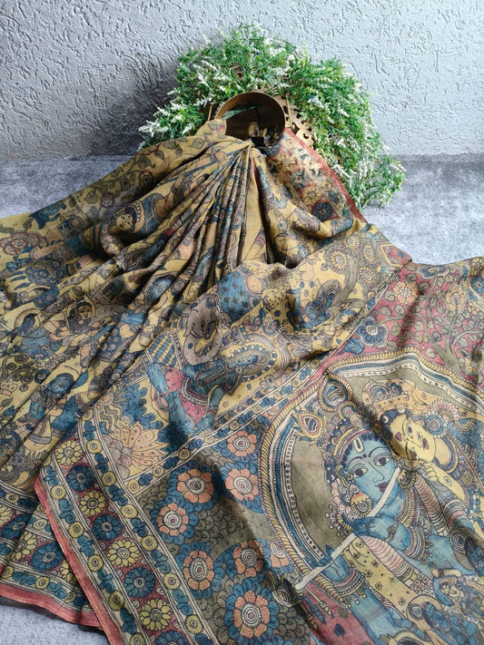 YELLOW ORGANZA PURE HANDLOOM KALAMKARI SAREE
