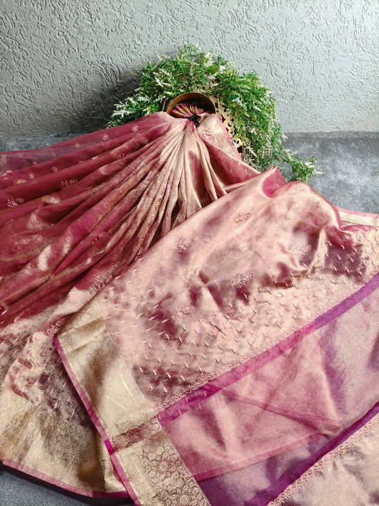 PINK TISSUE PURE HANDLOOM LUCKNOWI SAREE