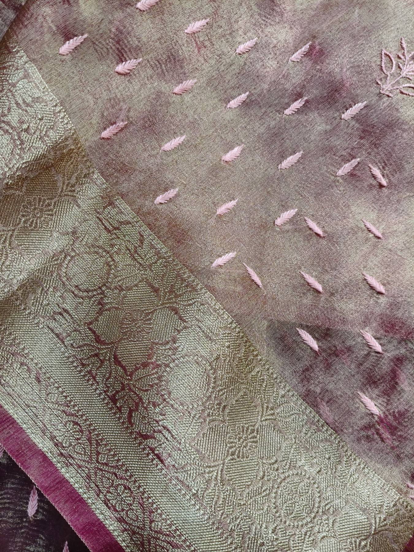 PINK TISSUE PURE HANDLOOM LUCKNOWI SAREE