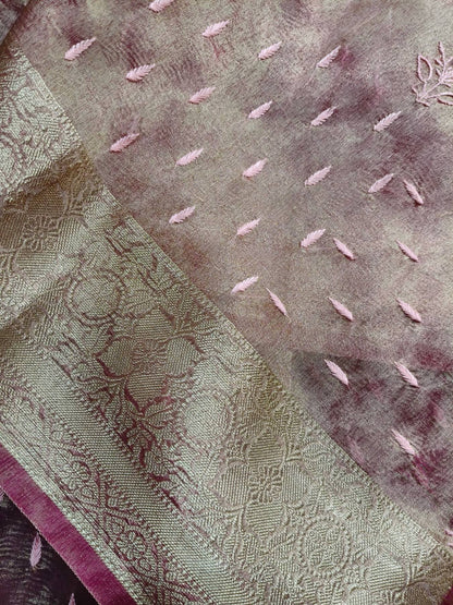 PINK TISSUE PURE HANDLOOM LUCKNOWI SAREE
