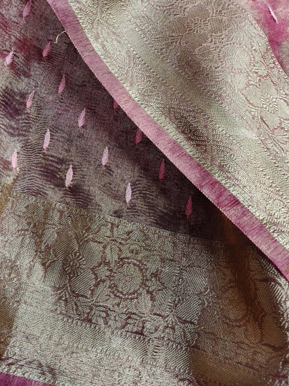 PINK TISSUE PURE HANDLOOM LUCKNOWI SAREE