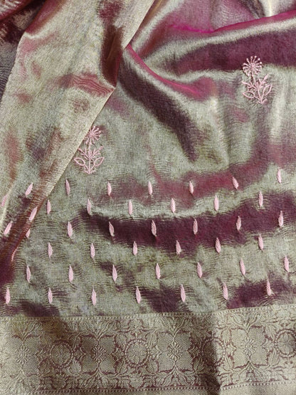PINK TISSUE PURE HANDLOOM LUCKNOWI SAREE