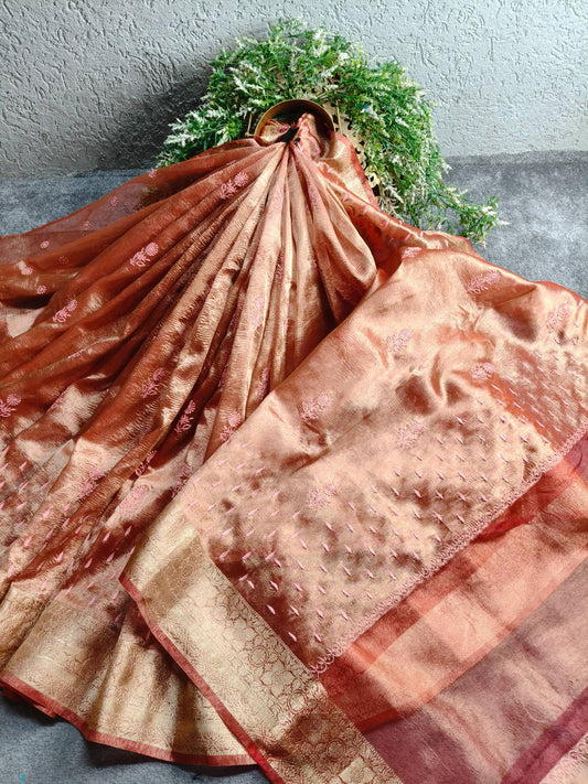 ORANGE TISSUE PURE HANDLOOM LUCKNOWI SAREE