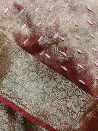 ORANGE TISSUE PURE HANDLOOM LUCKNOWI SAREE