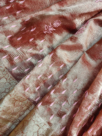 ORANGE TISSUE PURE HANDLOOM LUCKNOWI SAREE