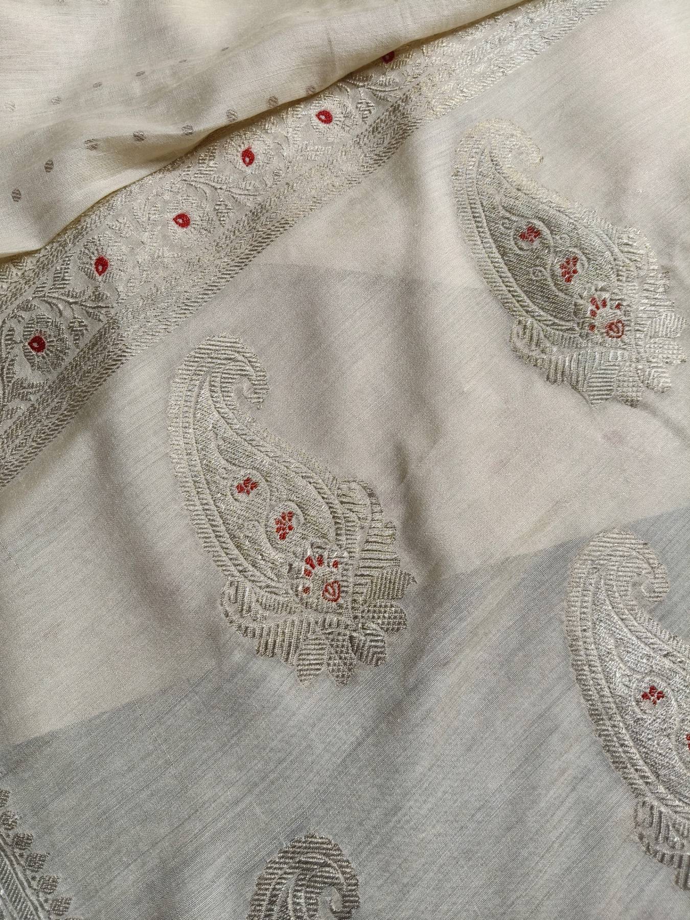 OFF WHITE MOONGA TASSAR PURE HANDLOOM BANARASI SAREE
