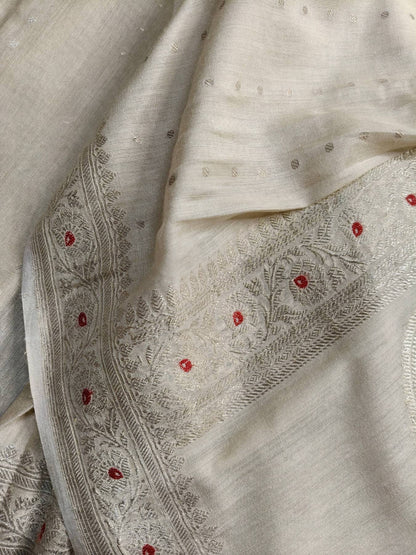 OFF WHITE MOONGA TASSAR PURE HANDLOOM BANARASI SAREE