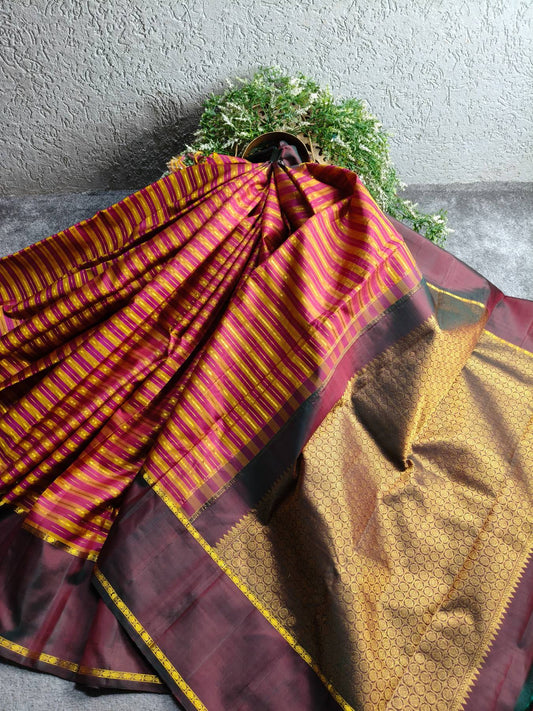MUSTARD YELLOW PINK SILK PURE HANDLOOM KANJIVARAM SAREE