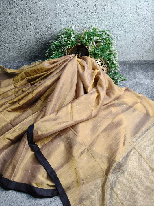 BEIGE PURE HANDLOOM MUL TISSUE SAREE