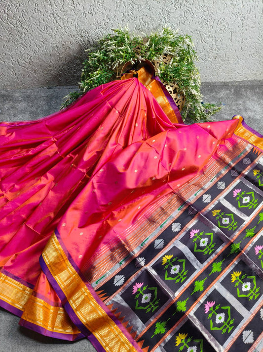 CORAL PINK SILK PURE HANDLOOM PAITHANI SAREE