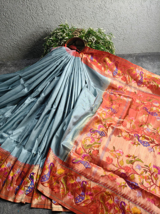SLATE GREY SILK PURE HANDLOOM EXCLUSIVE PAITHANI SAREE