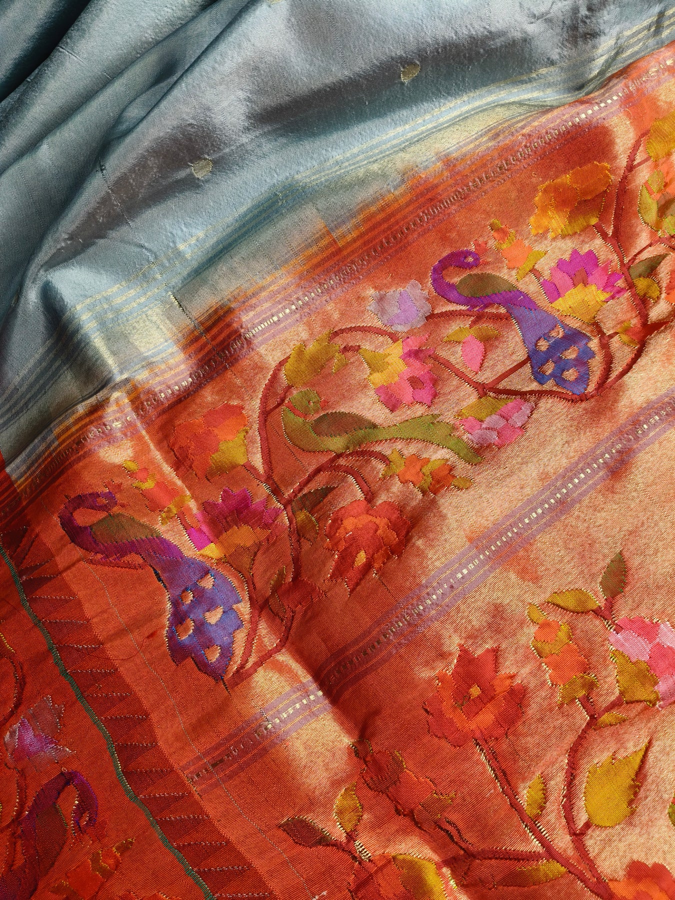 SLATE GREY SILK PURE HANDLOOM EXCLUSIVE PAITHANI SAREE
