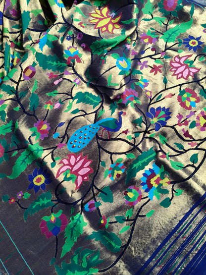 MIDNIGHT BLUE BY GOLD COTTON TISSUE PURE HANDLOOM EXCLUSIVE PAITHANI SAREE