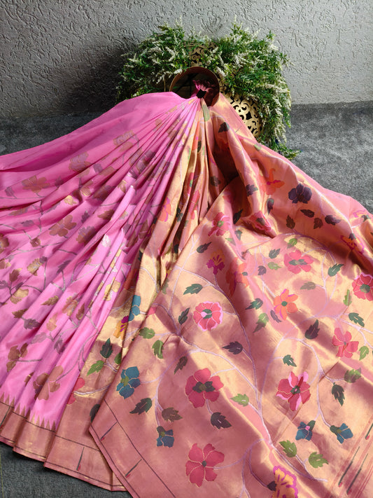 PINK GOLD SILK TISSUE PURE HANDLOOM EXCLUSIVE PAITHANI SAREE