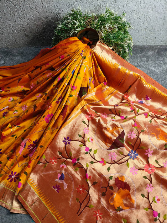 ORANGE YELLOW SILK PURE HANDLOOM EXCLUSIVE PAITHANI SAREE