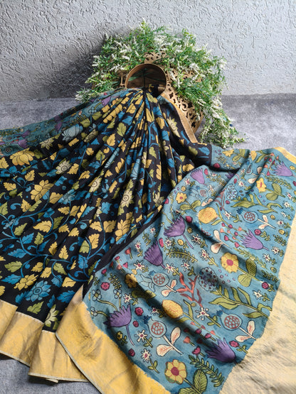BLACK CHANNAURI SILK PURE HANDLOOM KALAMKARI SAREE