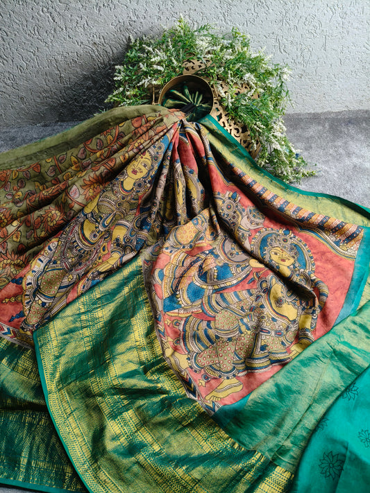 OLIVE GADWAL PATTU SILK PURE HANDLOOM KALAMKARI SAREE