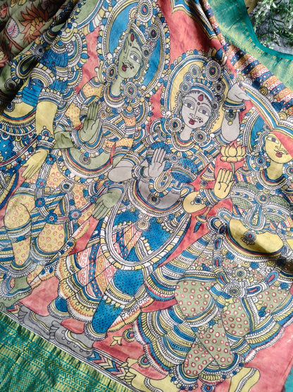 OLIVE GADWAL PATTU SILK PURE HANDLOOM KALAMKARI SAREE