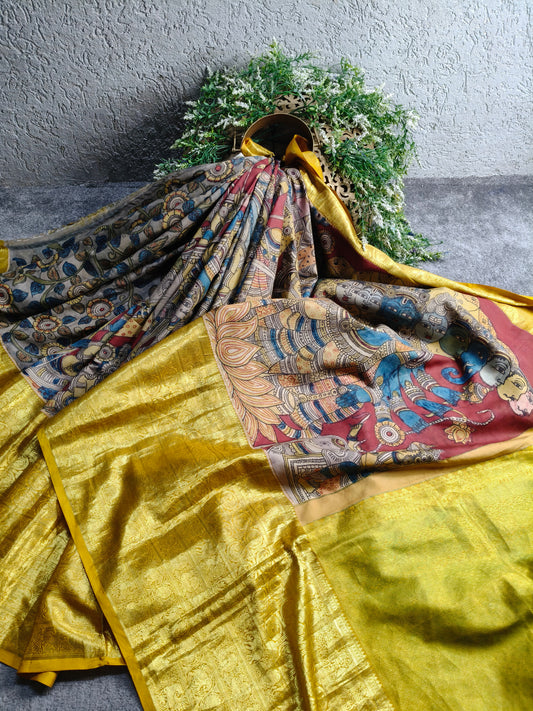 GREY KANCHI PATTU SILK PURE HANDLOOM KALAMKARI SAREE