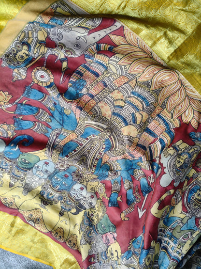 GREY KANCHI PATTU SILK PURE HANDLOOM KALAMKARI SAREE