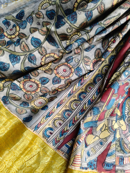 GREY KANCHI PATTU SILK PURE HANDLOOM KALAMKARI SAREE