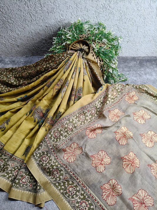 YELLOW CHANDERI SILK PURE HANDLOOM KALAMKARI SAREE