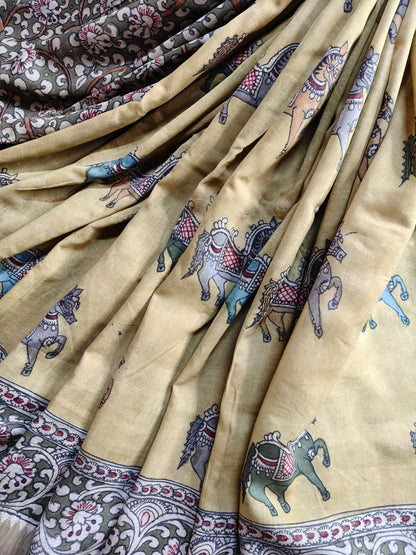 YELLOW CHANDERI SILK PURE HANDLOOM KALAMKARI SAREE