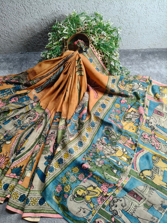 ORANGE SICO PURE HANDLOOM KALAMKARI SAREE