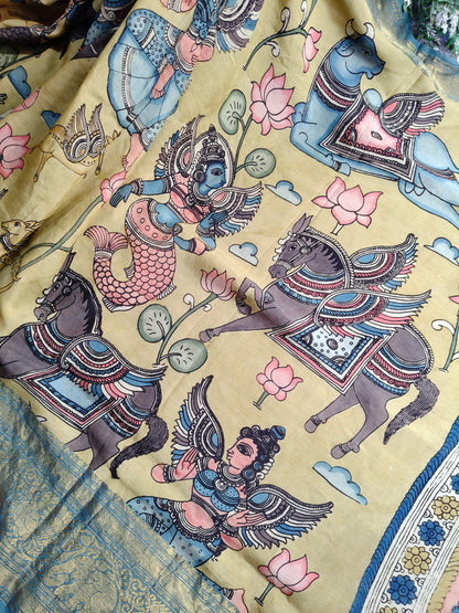 YELLOW CHANNAURI SILK PURE HANDLOOM KALAMKARI SAREE