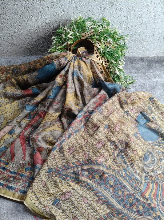 GREY KOTA SILK PURE HANDLOOM KALAMKARI SAREE
