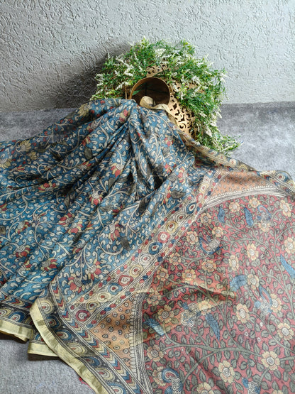 BLUE KOTA SILK PURE HANDLOOM KALAMKARI SAREE