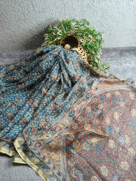 BLUE KOTA SILK PURE HANDLOOM KALAMKARI SAREE