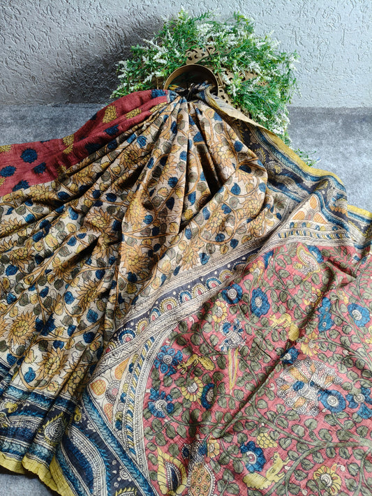 CREAM TUSSAR SILK PURE HANDLOOM KALAMKARI SAREE