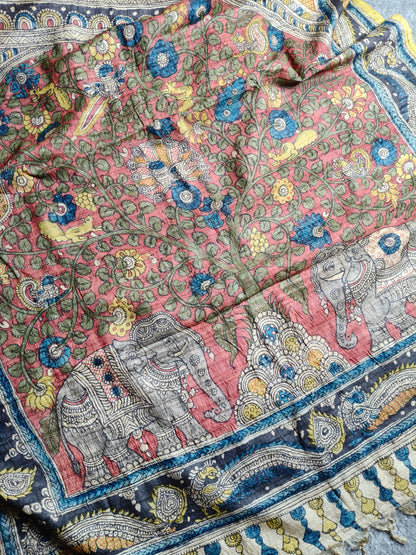 CREAM TUSSAR SILK PURE HANDLOOM KALAMKARI SAREE