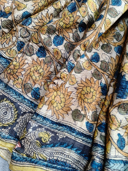 CREAM TUSSAR SILK PURE HANDLOOM KALAMKARI SAREE