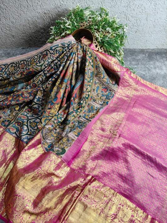 BLUE KANCHI SILK PURE HANDLOOM KALAMKARI SAREE